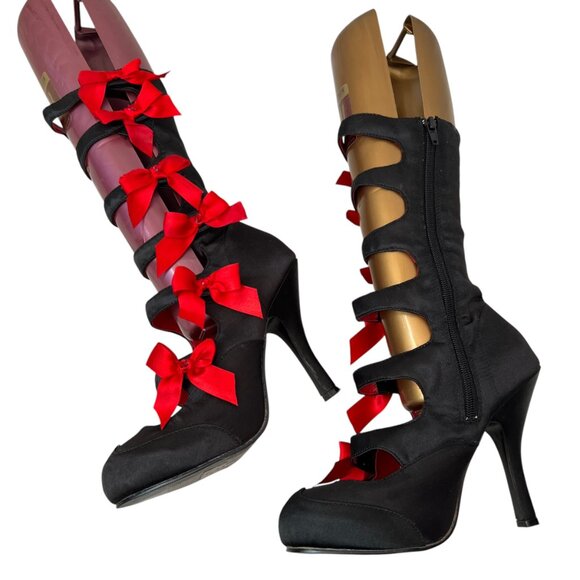 Funtasma Burlesque 129 high heels black satin red bows size 7 straps - Picture 6 of 11